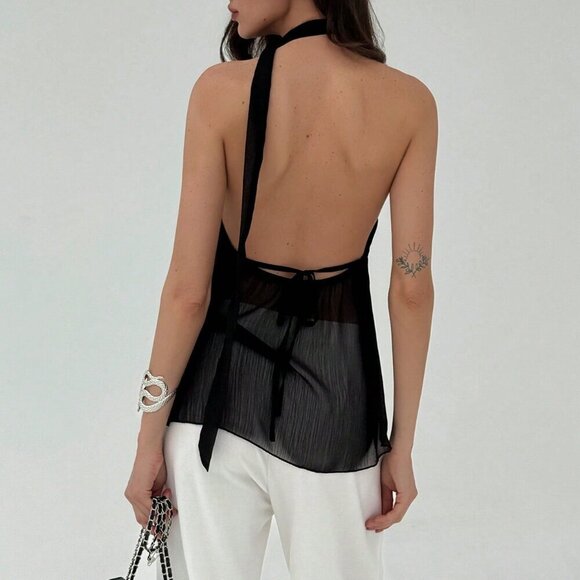 Black Sexy Women's Asymmetric Hem Backless Halter Neck Top - Picture 2 of 7